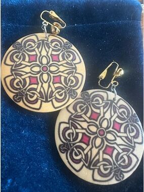 Handcrafted Celtic Design Wooden Round Drop Earrings with Pink Accents